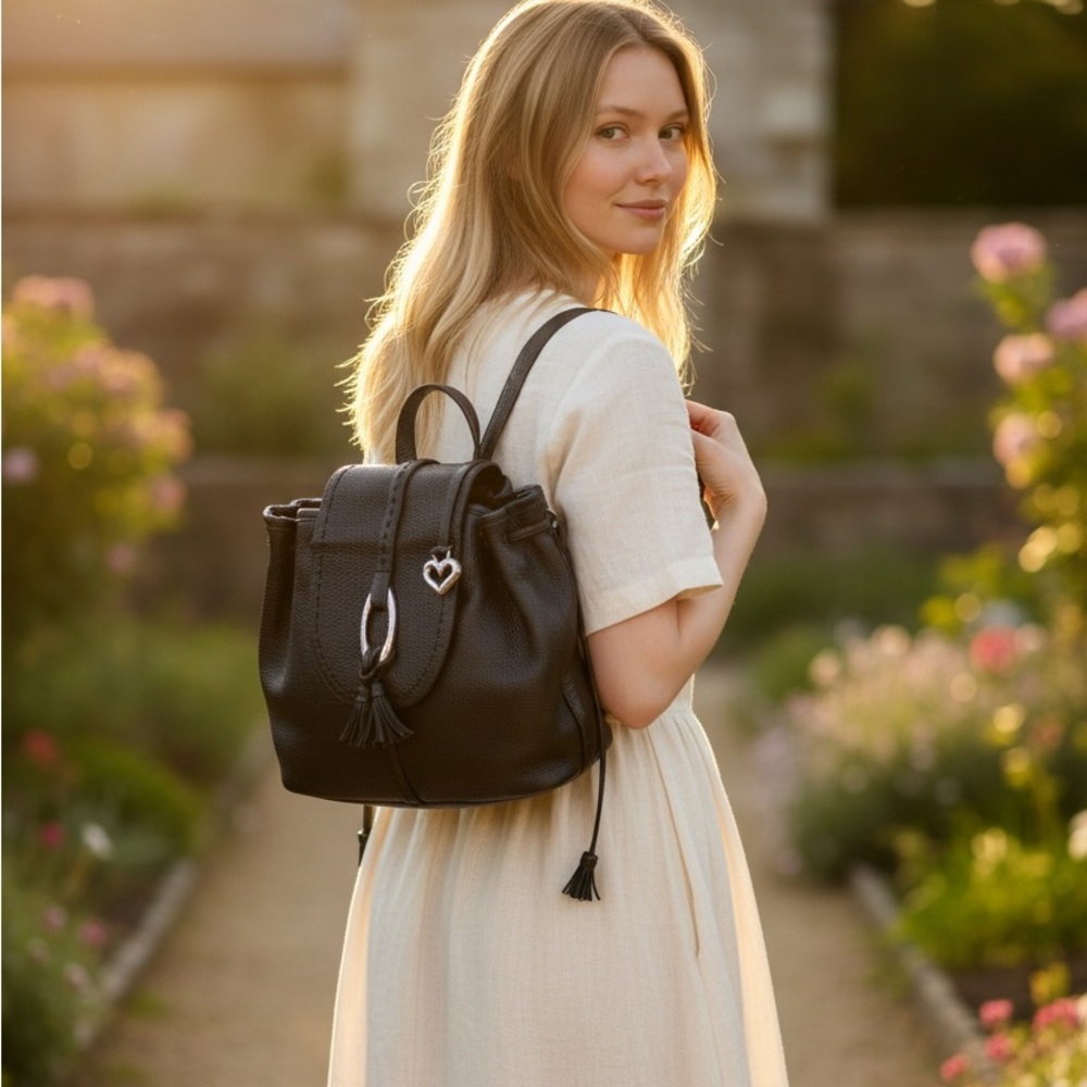 Brighton Elegant Black Leather Backpack with box and dust bag, gently used